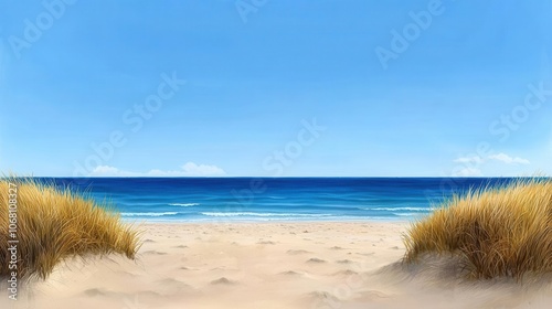 Expansive beach view with golden sand, grass, and tranquil blue ocean under a clear sky. photo