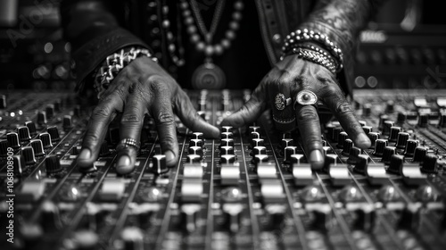 Soundman working on the mixing console. Hands on the sliders. photo