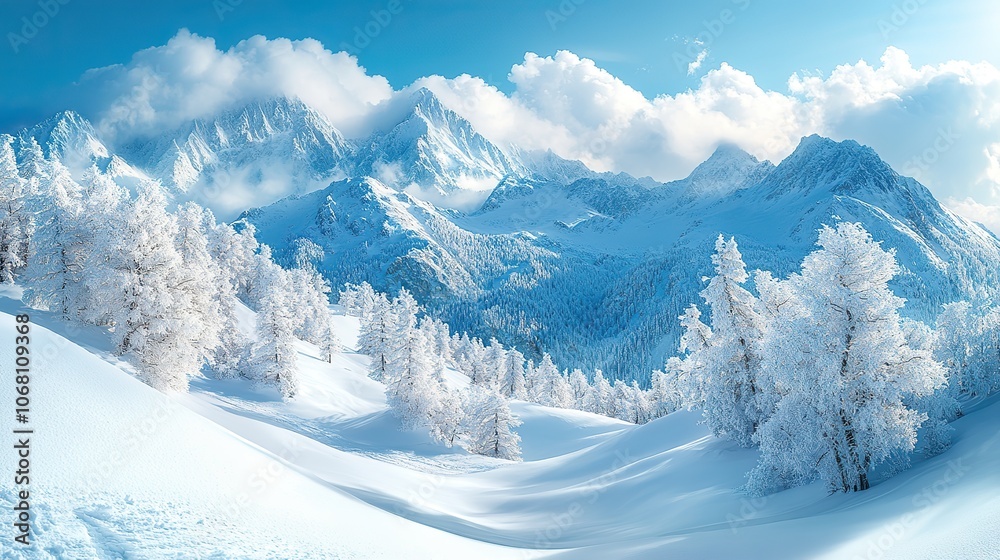 A panoramic view of winter mountains, designed for banners, posters, or greeting cards promoting ski resort vacations, winter holidays, or alpine landscapes with snow-covered peaks. A panoramic view of winter mountains, designed for banners, posters, or greeting cards promoting ski resort vacations, winter holidays, or alpine landscapes with snow-covered peaks.