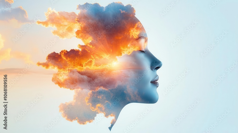 Silhouette of a woman with dreamy clouds blending into her profile. Silhouette of a woman with dreamy clouds blending into her profile.