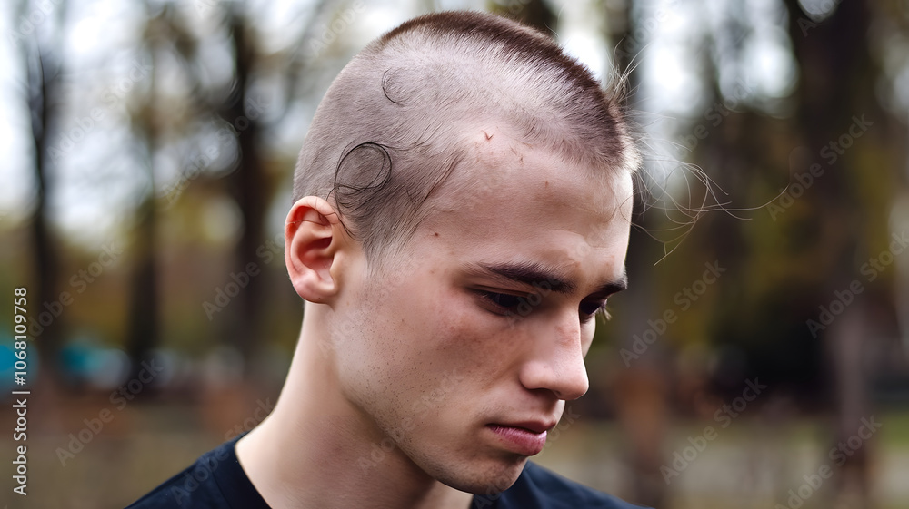 Hair loss concept for a young man suffering from serious hair loss. Hair loss concept for a young man suffering from serious hair loss.