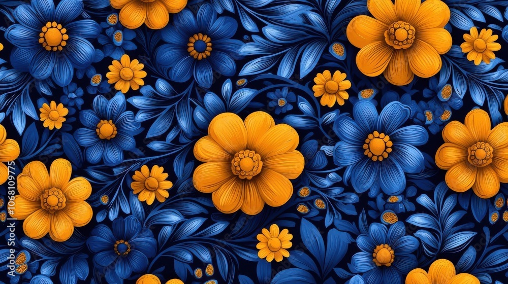 Vibrant floral pattern featuring blue and orange flowers with intricate leaves on a dark background. Vibrant floral pattern featuring blue and orange flowers with intricate leaves on a dark background.