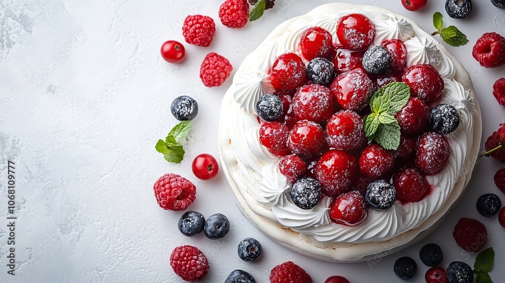 A pavlova meringue cake with fresh berries on a white background, designed for party menus, event posters, or sweet dessert greeting cards with a top view and copy space. A pavlova meringue cake with fresh berries on a white background, designed for party menus, event posters, or sweet dessert greeting cards with a top view and copy space.