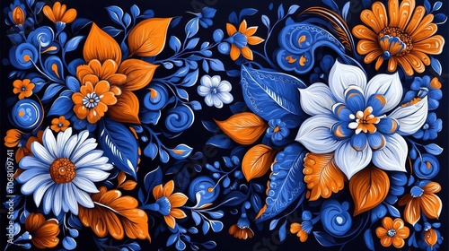 Colorful floral pattern featuring white, blue, and orange flowers on a dark background.