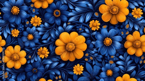 Vibrant floral pattern featuring blue and orange flowers with intricate leaves on a dark background.