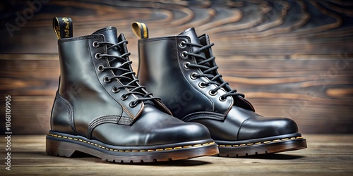 Classic black leather Dr. Martens AirWair boots on display , footwear, fashion, style, iconic, trend, English brand