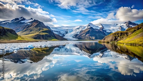 Reflection of Vatnaj?kull Glacier in water with flowing river, Iceland, landscape, nature, water, reflection, glacier photo