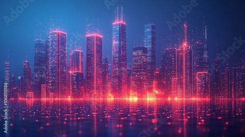 A futuristic cityscape with glowing neon lights reflecting on the water.