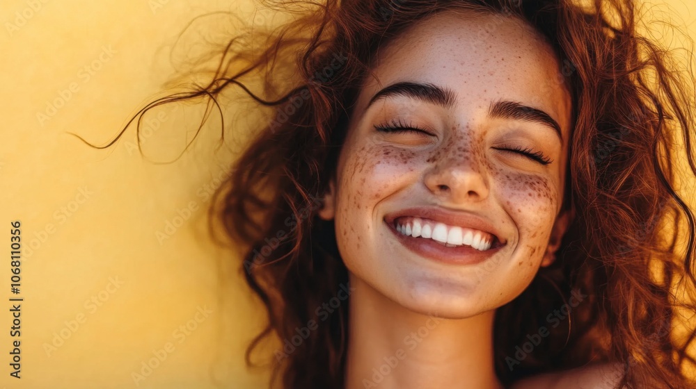 Young woman smiling and caring for her skin, embodying a healthy beauty routine Young woman smiling and caring for her skin, embodying a healthy beauty routine