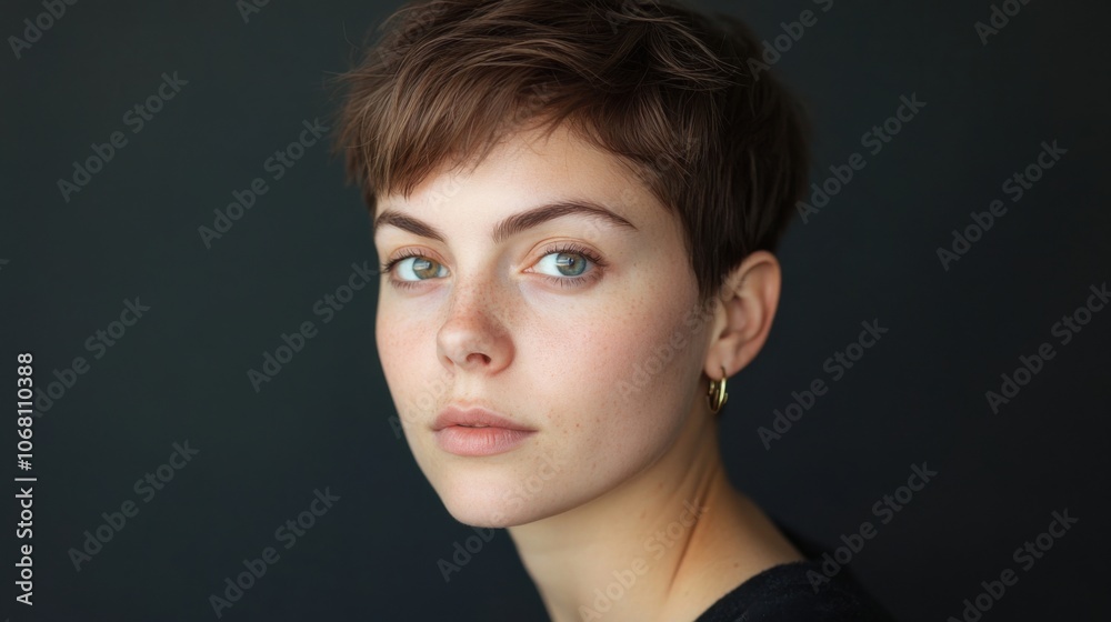 Portrait of non-binary individual with short brown hair Portrait of non-binary individual with short brown hair