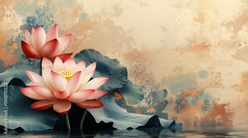 A pink lotus flower stands out in a minimalistic abstract background, designed to evoke tranquility and harmony, ideal for wellness-themed cards and banners.