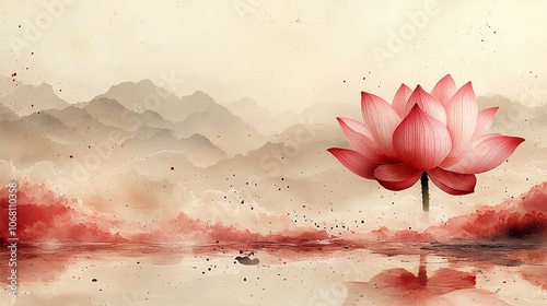 A pink lotus flower stands out in a minimalistic abstract background, designed to evoke tranquility and harmony, ideal for wellness-themed cards and banners.