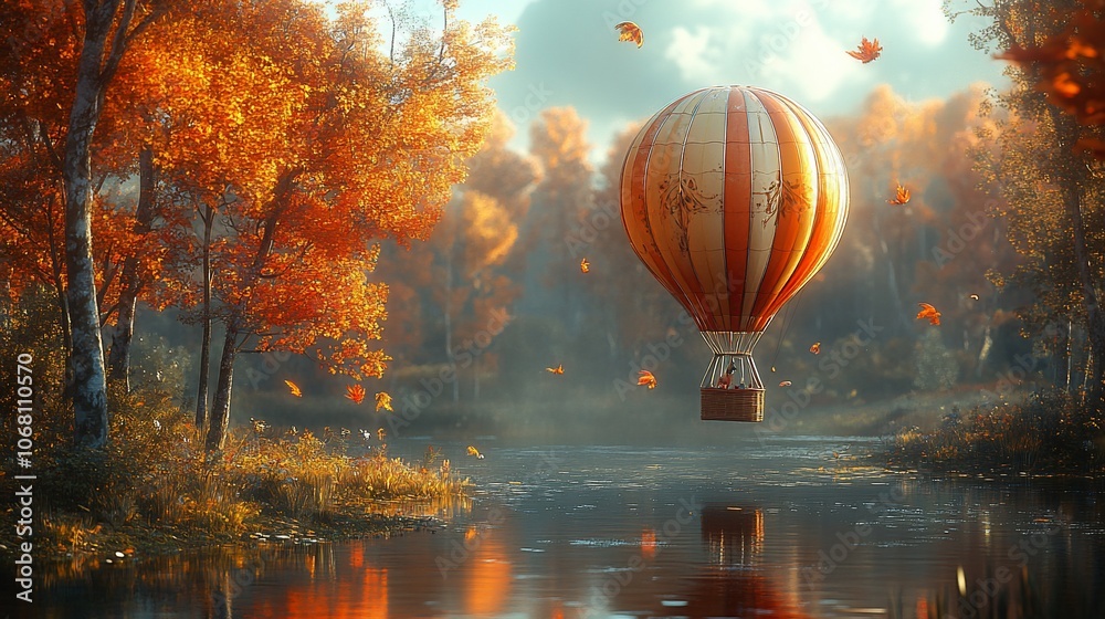 Fototapeta premium A hot air balloon floats over a river in a misty autumn forest.