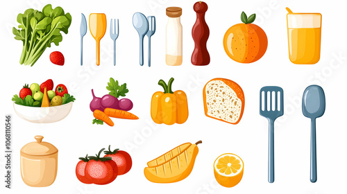 Colorful cartoon food and kitchen utensils on white background.