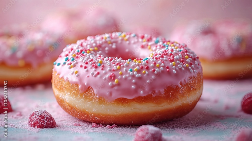 A pink strawberry donut with icing, sprinkled with colorful toppings, sitting against a soft pastel background in a delightful flat lay food concept.