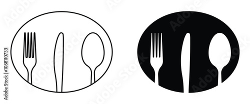 Cutlery fork, knife and spoon vector icon set. Restaurant utensil symbol. Dinner dish or plate sign outline, flat pictogram for apps and websites.