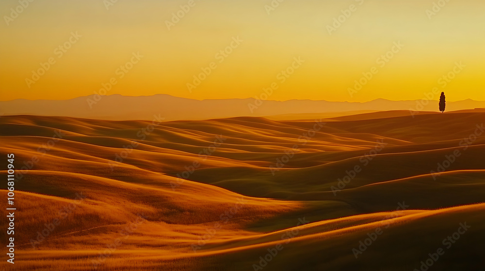 Obraz premium Golden hills bathed in the warm glow of sunset, a lone tree standing on the horizon.