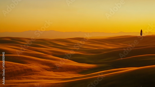 Golden hills bathed in the warm glow of sunset, a lone tree standing on the horizon.