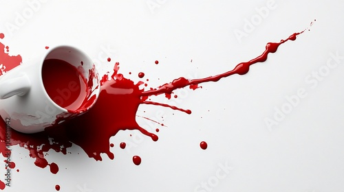 A white ceramic mug tipped over with red liquid spilling out on a white background.