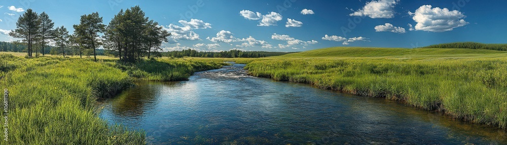 Fototapeta premium Serene River Flowing Through Lush Green Landscape Under a Clear Blue Sky with Fluffy White Clouds on a Sunny Day