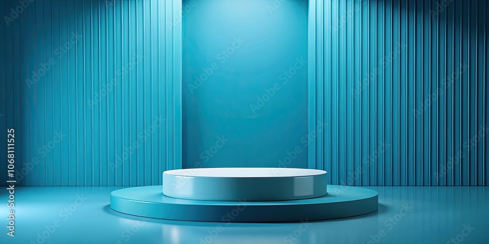 Blue display background with a product display podium platform in a minimalistic modern interior setting, Blue, display