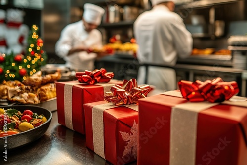 Gift boxes on counter with chefs preparing feast in background