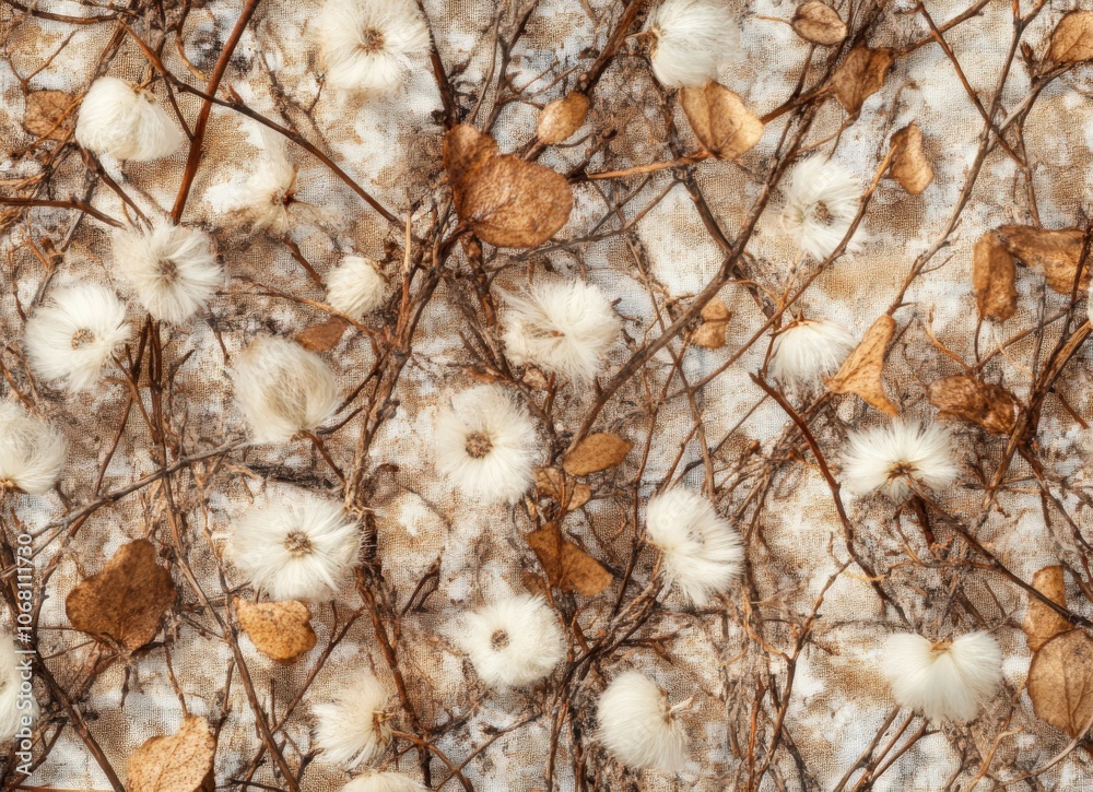 Delicate white flowers and dry leaves create a textural pattern on a rustic background. Delicate white flowers and dry leaves create a textural pattern on a rustic background.