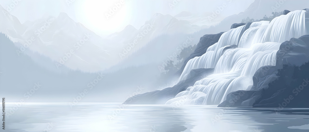 Serene waterfall cascading down a misty mountainside into a calm lake. Serene waterfall cascading down a misty mountainside into a calm lake.