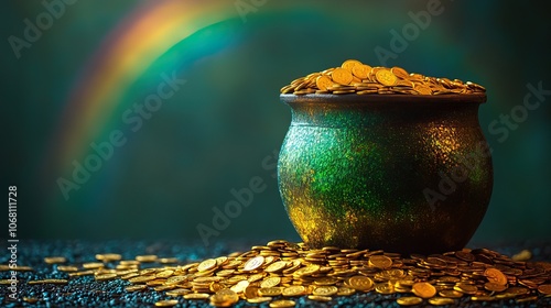 A pot of gold coins with a rainbow on a green background, designed for banners, posters, or greeting cards celebrating St. Patrick’s Day or fairy tale themes with ample copy space.