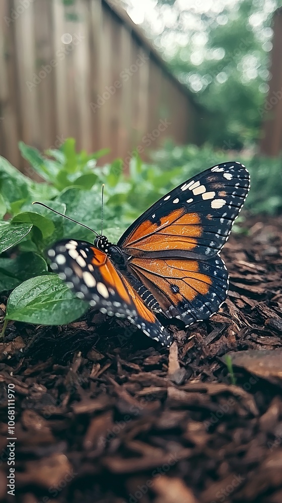A vibrant butterfly perched on a green leaf among mulch in a garden setting. A vibrant butterfly perched on a green leaf among mulch in a garden setting.