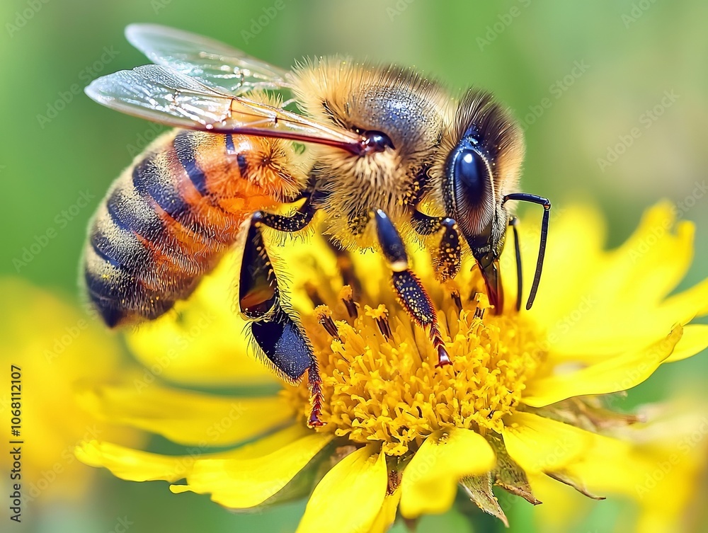 A close-up of a bee collecting nectar from a vibrant yellow flower. A close-up of a bee collecting nectar from a vibrant yellow flower.