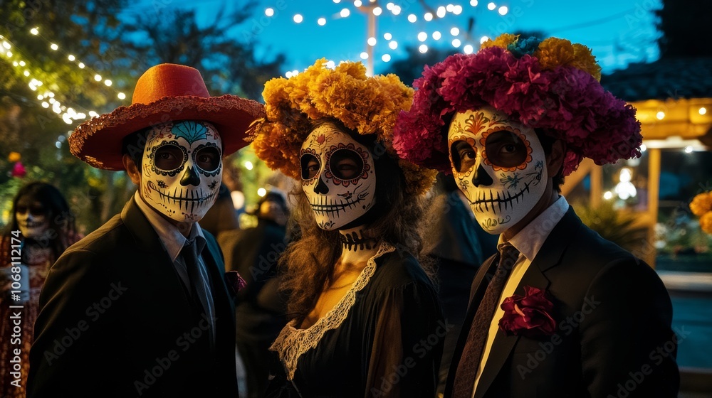 Dia de los Muertos Day of the Dead Participants of the Mexican holiday in death masks Dia de los Muertos Day of the Dead Participants of the Mexican holiday in death masks