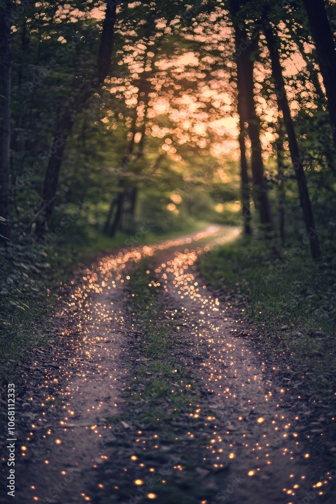 Naklejka premium An old country road in the woods at sunset. The ground is covered with fireflies that form patterns on it like stars.