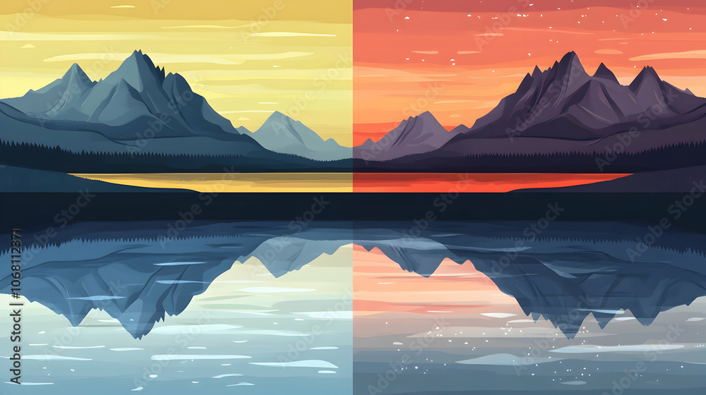 Two contrasting landscapes, one with a vibrant sunset, the other with a gentle morning sky, reflected in a still lake. Two contrasting landscapes, one with a vibrant sunset, the other with a gentle morning sky, reflected in a still lake.