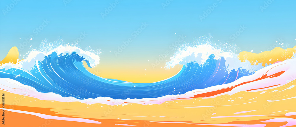 Two large blue waves crashing on a sandy beach, with a clear blue sky above. Two large blue waves crashing on a sandy beach, with a clear blue sky above.