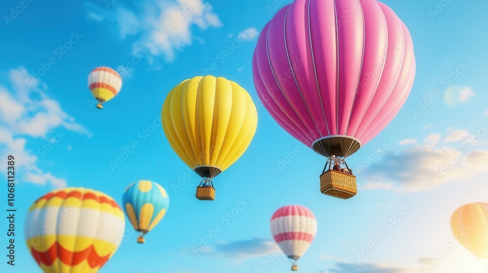 Obraz premium Colorful hot air balloons soar in a clear blue sky with fluffy clouds.
