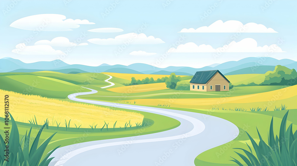 Winding road through grassy fields and hills with a small house in the distance. Winding road through grassy fields and hills with a small house in the distance.