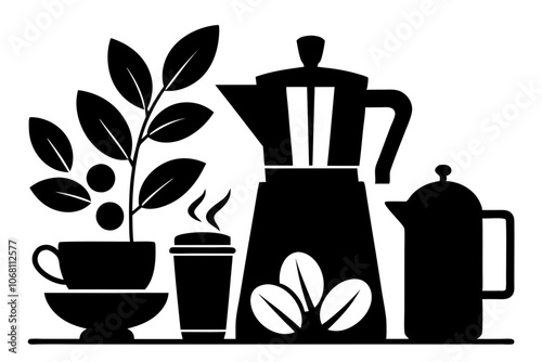 Coffee set, moka pot, milk jug, coffee cup, coffee beans, botanical elements, black and white, silhouette style.