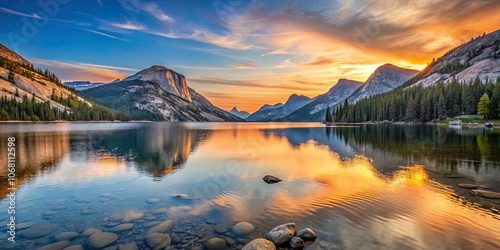 Tranquil sunset over Tenaya Lake in Yosemite National Park, sunset, Tenaya Lake, Yosemite, national park, California photo