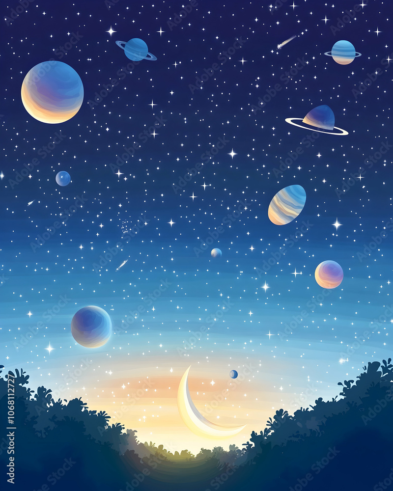A crescent moon hangs in the sky, shining on the forest below, with multiple planets in the background. A crescent moon hangs in the sky, shining on the forest below, with multiple planets in the background.