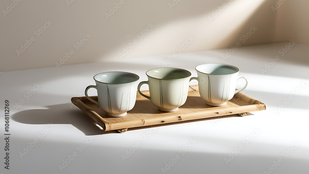 Minimalist Tea Set Mock-Up with Ceramic Cups and a Bamboo Tray, Styled on a White Background with Natural Shadows Minimalist Tea Set Mock-Up with Ceramic Cups and a Bamboo Tray, Styled on a White Background with Natural Shadows