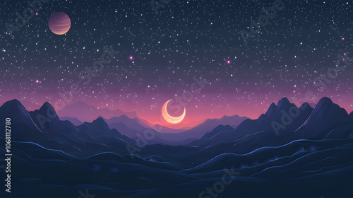 A crescent moon hangs over a silhouette of mountains against a starry night sky.