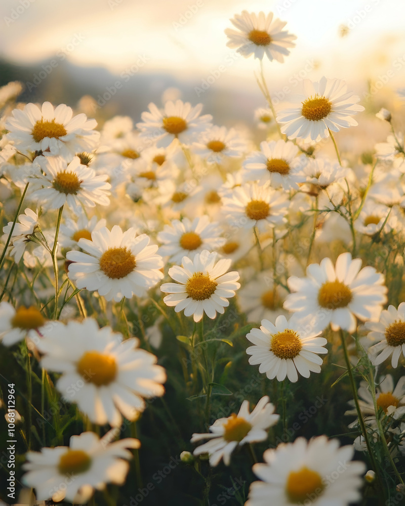 A field of daisies bathed in warm sunlight with a soft focus and mountains in the background. A field of daisies bathed in warm sunlight with a soft focus and mountains in the background.