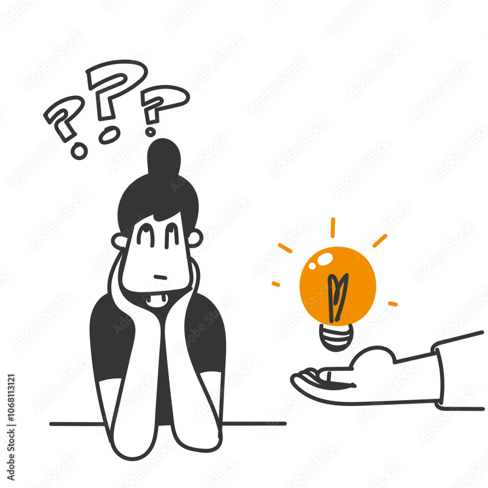 big hand giving light bulb to confused person in doodle drawing cartoon
