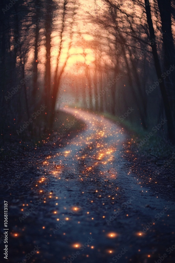 An old country road in the woods at sunset. The ground is covered with fireflies that form patterns on it like stars. An old country road in the woods at sunset. The ground is covered with fireflies that form patterns on it like stars.