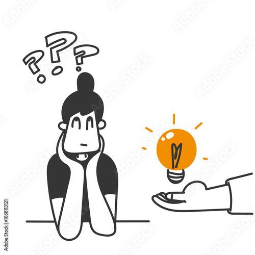big hand giving light bulb to confused person in doodle drawing cartoon