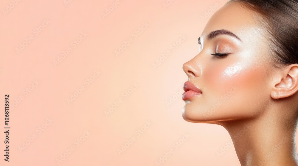 Naklejka premium Profile of a woman with glowing skin against a soft peach background.