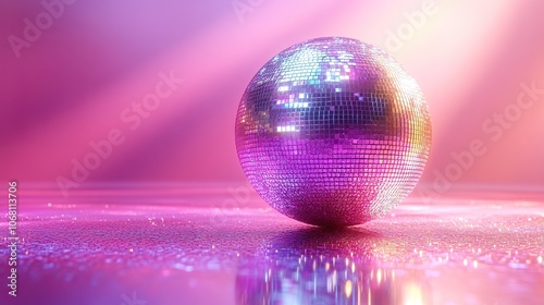 A rainbow disco ball on a pastel pink and purple background, symbolizing the fun and retro vibes of 80s and 90s music and dance parties.