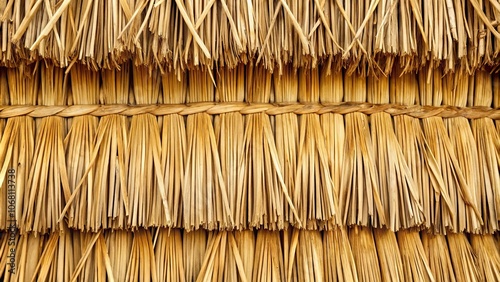 Thatched grass roof background with intricate weave design , thatch, straw pattern, hay texture, dry grass photo