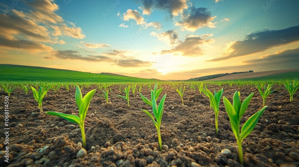 Sprouts of cereals hills and lines of spring green field and beautiful sky with clouds Sprouts of cereals hills and lines of spring green field and beautiful sky with clouds